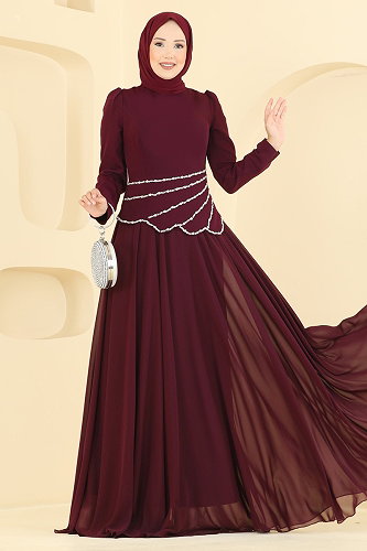 moda selvim Evening Dress 5710DMNK1166 Burgundy - Thumbnail