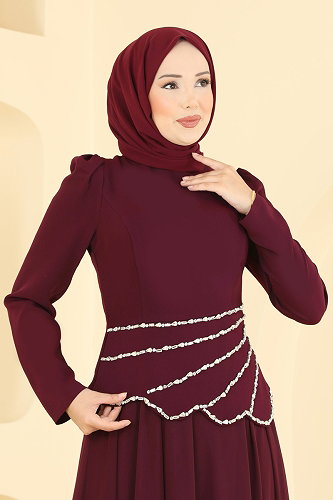moda selvim فستان سهرة خمري 5710DMNK1166 - Thumbnail