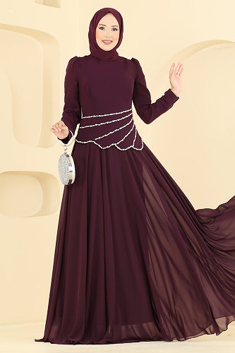 moda selvim Evening Dress 5710DMNK1166 Damson - Thumbnail