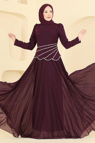 moda selvim Evening Dress 5710DMNK1166 Damson - Thumbnail