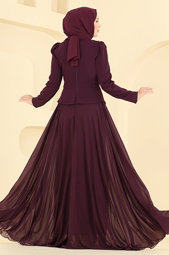 moda selvim Evening Dress 5710DMNK1166 Damson - Thumbnail