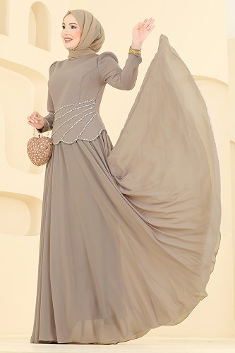 moda selvim فستان سهرة بيج 5710DMNK1166 - Thumbnail