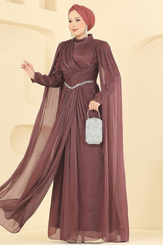 moda selvim فستان سهرة بني 5717DMNK1166 - Thumbnail