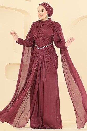 moda selvim فستان سهرة خمري 5717DMNK1166 - Thumbnail
