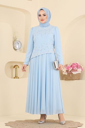 moda selvim فستان سهرة أزرق فاتح 5724DMNK1166 - Thumbnail