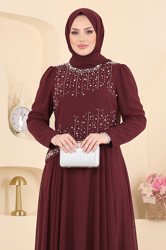 moda selvim Evening Dress 5724DMNK1166 Burgundy - Thumbnail
