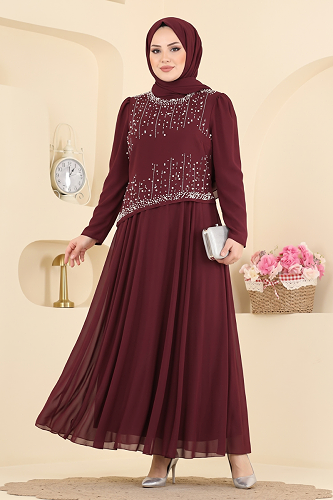 moda selvim Evening Dress 5724DMNK1166 Burgundy - Thumbnail