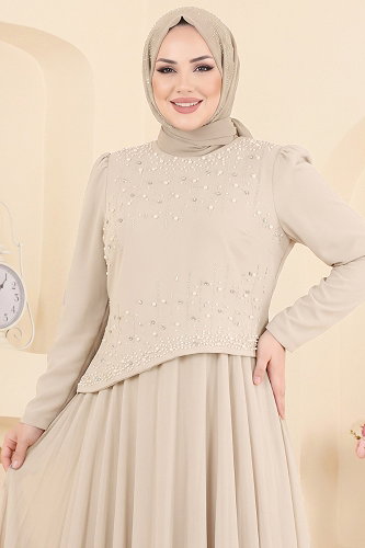 moda selvim فستان سهرة بيج 5724DMNK1166 - Thumbnail