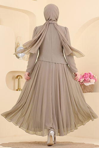 moda selvim فستان سهرة بيج 5724DMNK1166 - Thumbnail