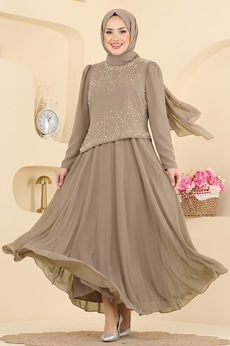 moda selvim فستان سهرة بيج 5724DMNK1166 - Thumbnail