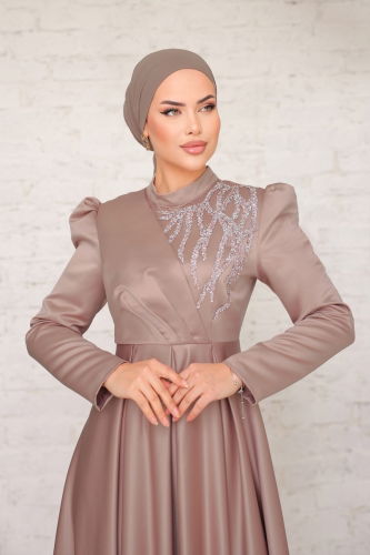 moda selvim فستان سهرة بيج غامق 5725AB368 - Thumbnail