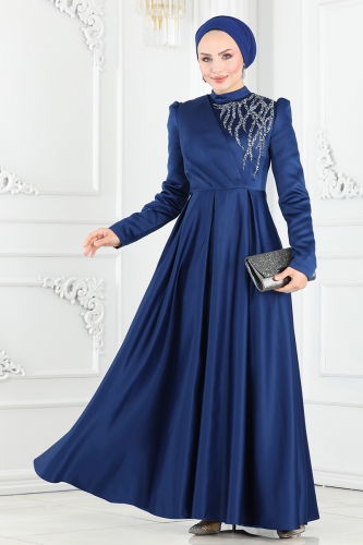 moda selvim Evening Dress 5725AB368 Navy Blue - Thumbnail