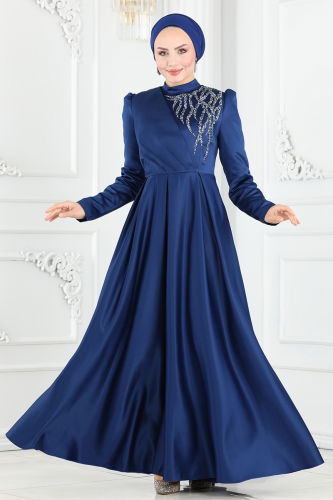 moda selvim Evening Dress 5725AB368 Navy Blue - Thumbnail