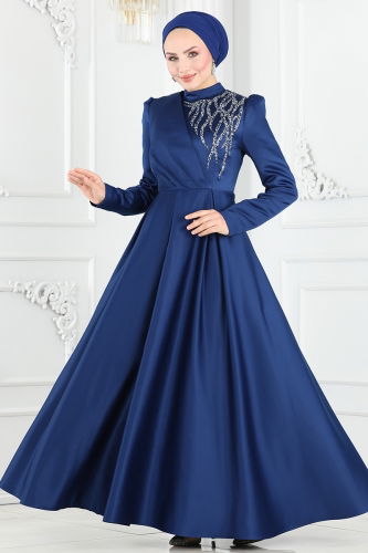 moda selvim Evening Dress 5725AB368 Navy Blue - Thumbnail