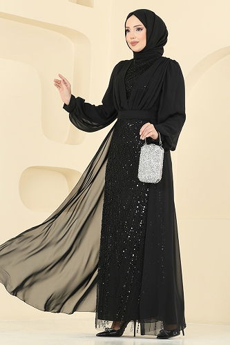 moda selvim Evening Dress 5725EDF311 Black - Thumbnail