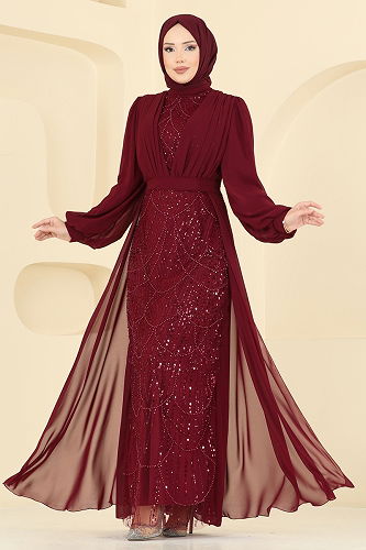moda selvim Evening Dress 5725EDF311 Burgundy - Thumbnail