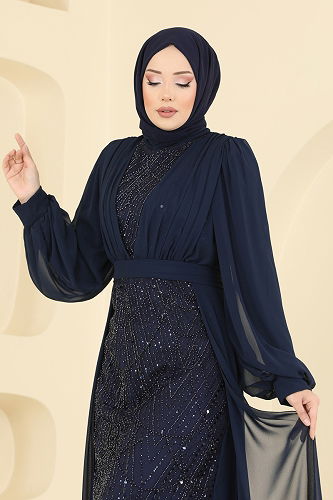 moda selvim Evening Dress 5725EDF311 Navy Blue - Thumbnail