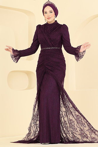 moda selvim Evening Dress 5726DMNK1166 Damson - Thumbnail