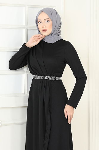 moda selvim Evening Dress 5729EDF311 Black - Thumbnail