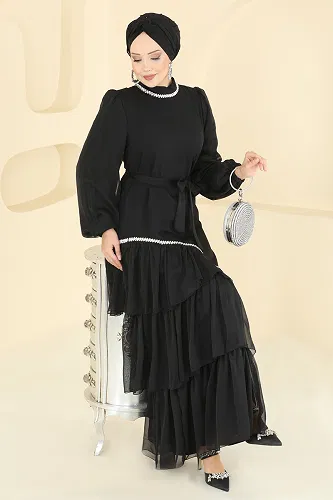 moda selvim Evening Dress 5735EDF311 Black - Thumbnail