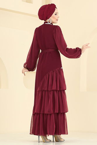 moda selvim Evening Dress 5735EDF311 Burgundy - Thumbnail