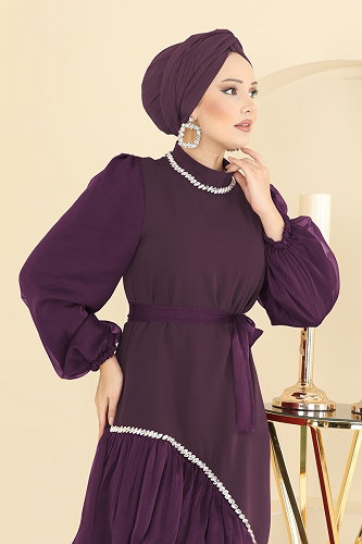 moda selvim Evening Dress 5735EDF311 Damson - Thumbnail