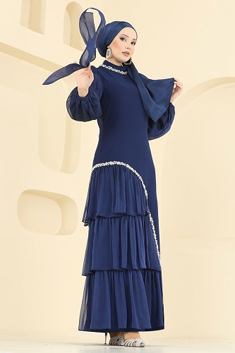 moda selvim Evening Dress 5735EDF311 Light Navy Blue - Thumbnail