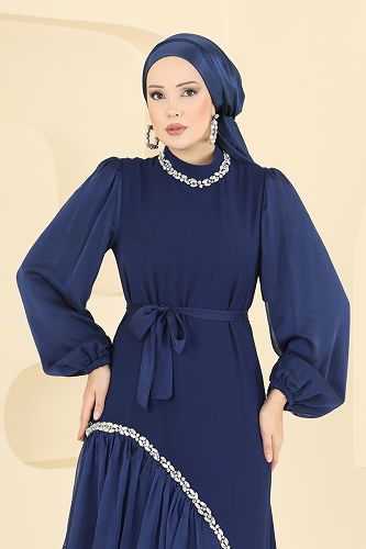 moda selvim Evening Dress 5735EDF311 Light Navy Blue - Thumbnail