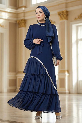 moda selvim Evening Dress 5735EDF311 Light Navy Blue - Thumbnail