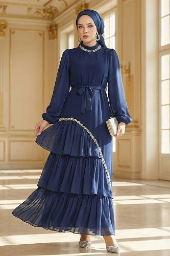 moda selvim Evening Dress 5735EDF311 Light Navy Blue - Thumbnail