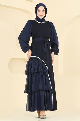 moda selvim Evening Dress 5735EDF311 Navy Blue - Thumbnail