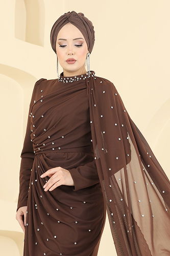 moda selvim Evening Dress 5736EDF311 Brown - Thumbnail