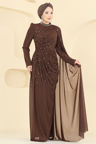 moda selvim Evening Dress 5736EDF311 Brown - Thumbnail
