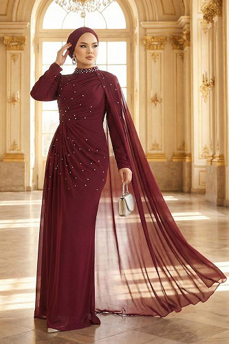 moda selvim Evening Dress 5736EDF311 Burgundy - Thumbnail