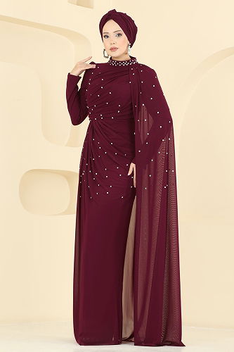moda selvim Evening Dress 5736EDF311 Burgundy - Thumbnail