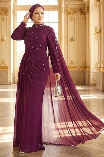 moda selvim Evening Dress 5736EDF311 Damson - Thumbnail