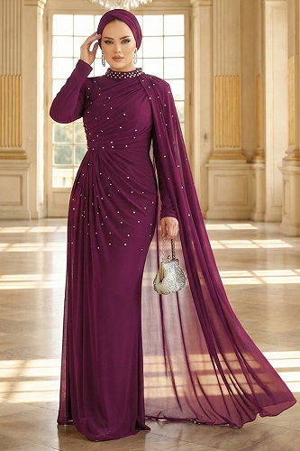 moda selvim Evening Dress 5736EDF311 Damson - Thumbnail
