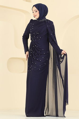 moda selvim Evening Dress 5736EDF311 Navy Blue - Thumbnail
