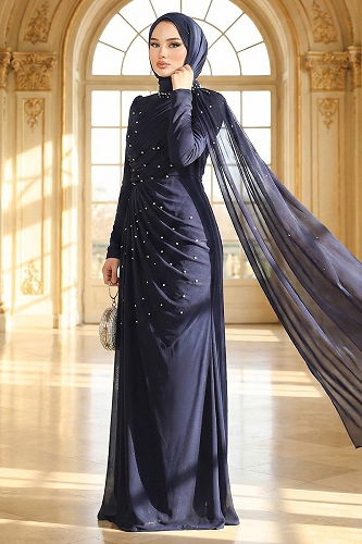 moda selvim Evening Dress 5736EDF311 Navy Blue - Thumbnail
