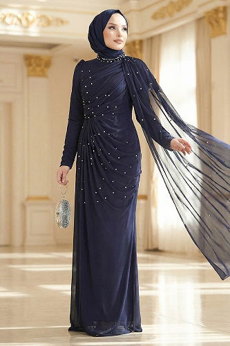 moda selvim Evening Dress 5736EDF311 Navy Blue - Thumbnail