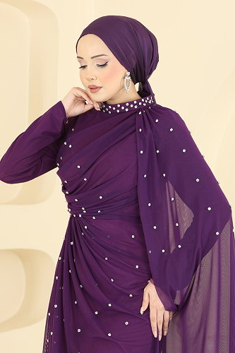moda selvim Evening Dress 5736EDF311 Purple - Thumbnail