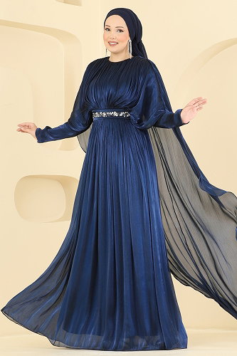 moda selvim فستان سهرة كحلي 5737DMNK1166 - Thumbnail