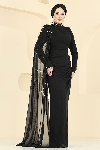 moda selvim Evening Dress 5737EDF311 Black - Thumbnail