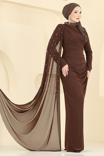 moda selvim Evening Dress 5737EDF311 Brown - Thumbnail