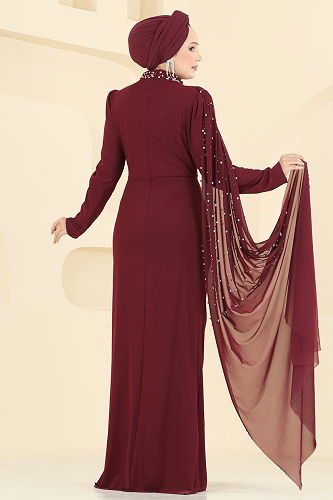 moda selvim Evening Dress 5737EDF311 Burgundy - Thumbnail