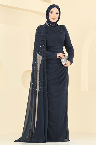 moda selvim Evening Dress 5737EDF311 Navy Blue - Thumbnail