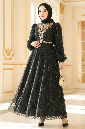 moda selvim Evening Dress 5738EDF311 Black - Thumbnail