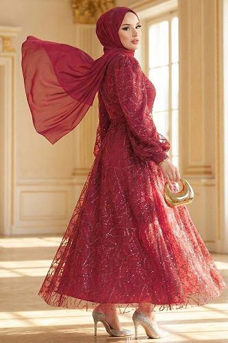 moda selvim Evening Dress 5738EDF311 Burgundy - Thumbnail