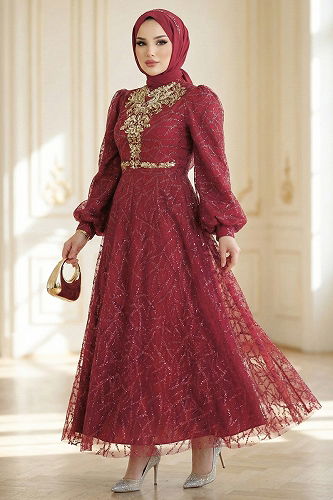 moda selvim Evening Dress 5738EDF311 Burgundy - Thumbnail