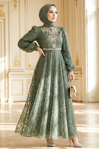 moda selvim Evening Dress 5738EDF311 Khaki - Thumbnail